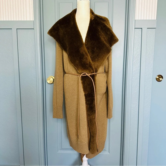 NEW Lafayette 148 NY Cammello Genuine Shearling Panel Wool and Cashmere Cardigan - Picture 2 of 13